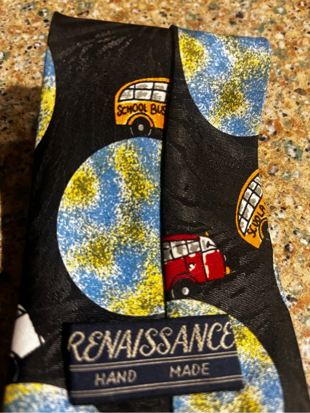 VTG novelty teacher necktie playful school bus and planetary print